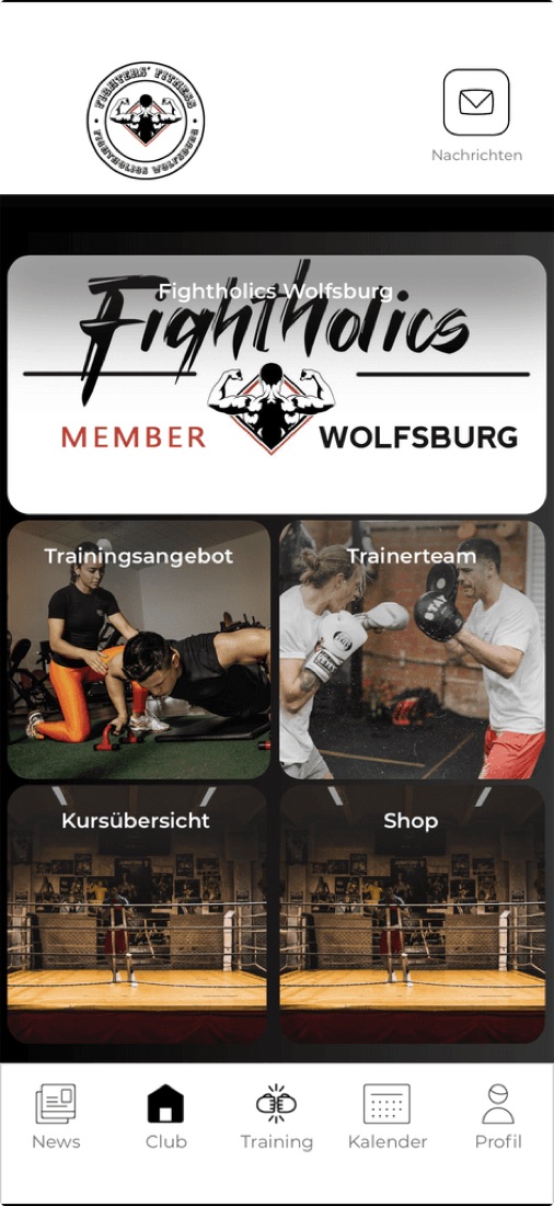 Fightholics App: Startbildschirm mit Trainingsangebot