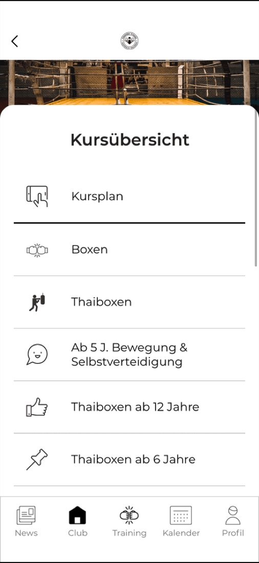 Fightholics App: Kursübersicht mit allen Angeboten